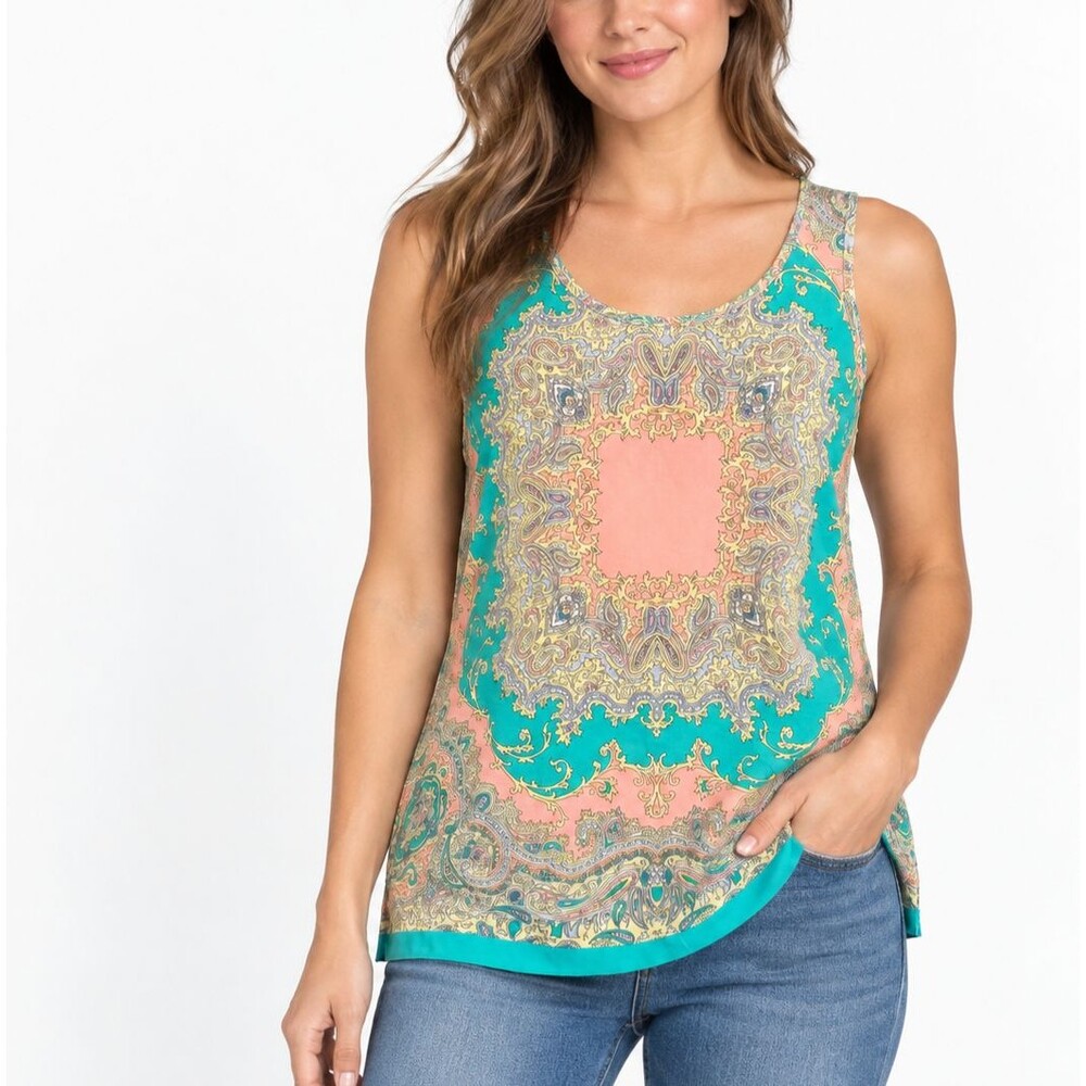 WD.NY Women's Paisley Print Tank Top Pink Teal Scarf Print Retro Size S